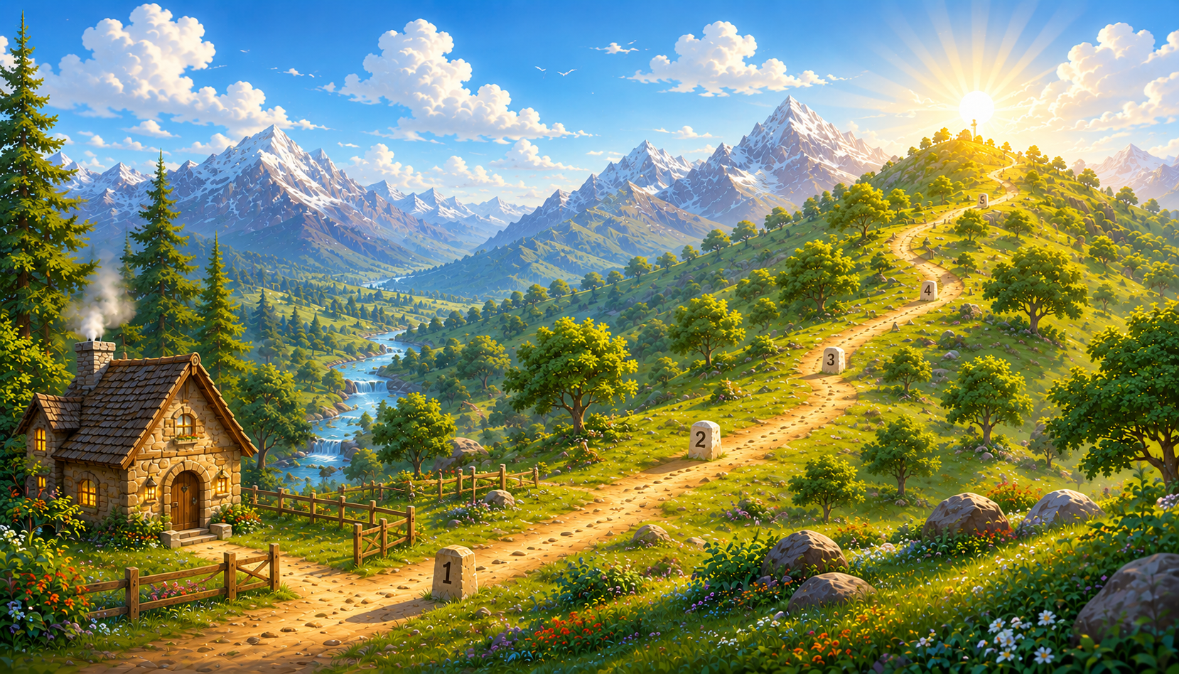 An illustrated landscape map representing Aarav's therapy journey through forests and hills