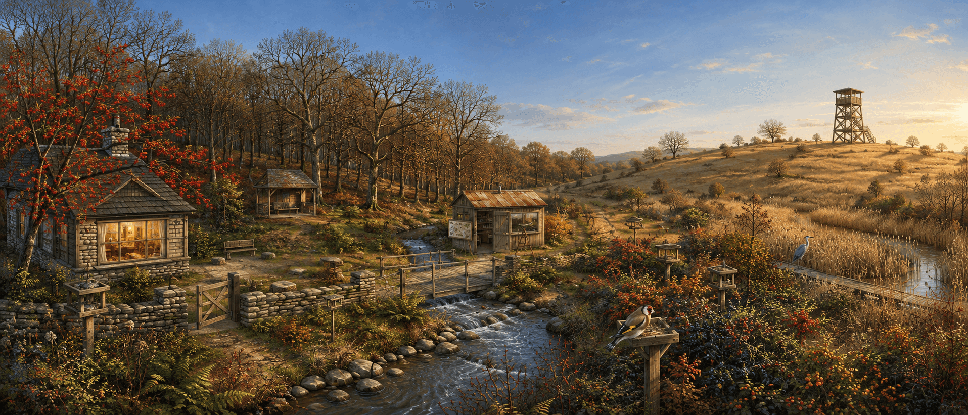 A warm illustrated landscape representing Maya's journey through nature and discovery